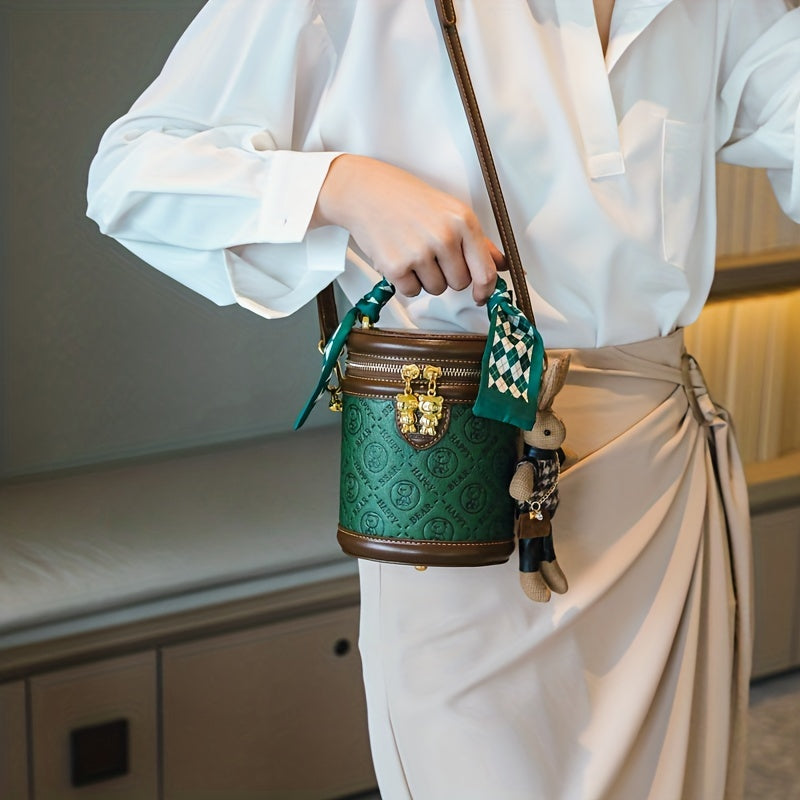 Mini Bear Cylinder Handbag, Scarf Decor Crossbody Bag, Women's PU Leather Bucket Bag
