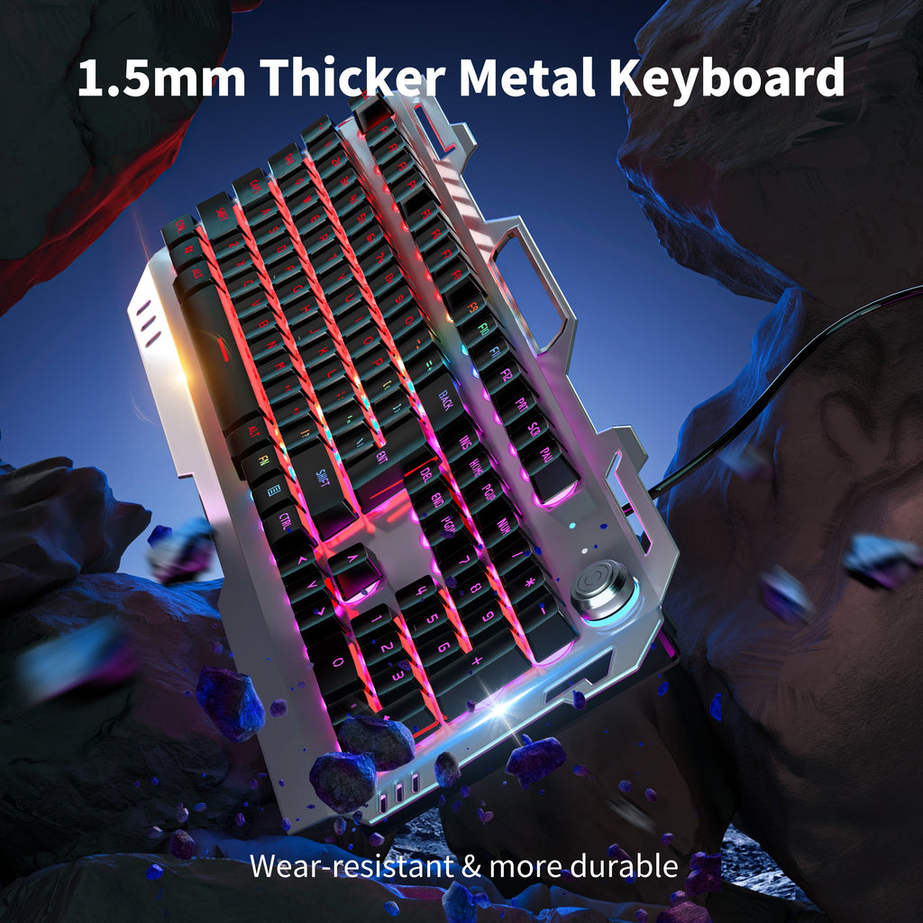 [EWEADN LED Gaming Keyboard] EWEADN 104 Keys LED Backlit Wired Gaming Keyboard - Ergonomic Silent Design, Adjustable Volume Knob, USB Powered, for Desktop & Notebook Computers, Office Accessories