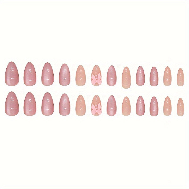 Almond Shape Short Press-On Nails with Glossy Pink Bow Design - Reusable Fake Nails for Women, Easy Apply & Remove, Elegant Everyday & Special Occasion Nail Art