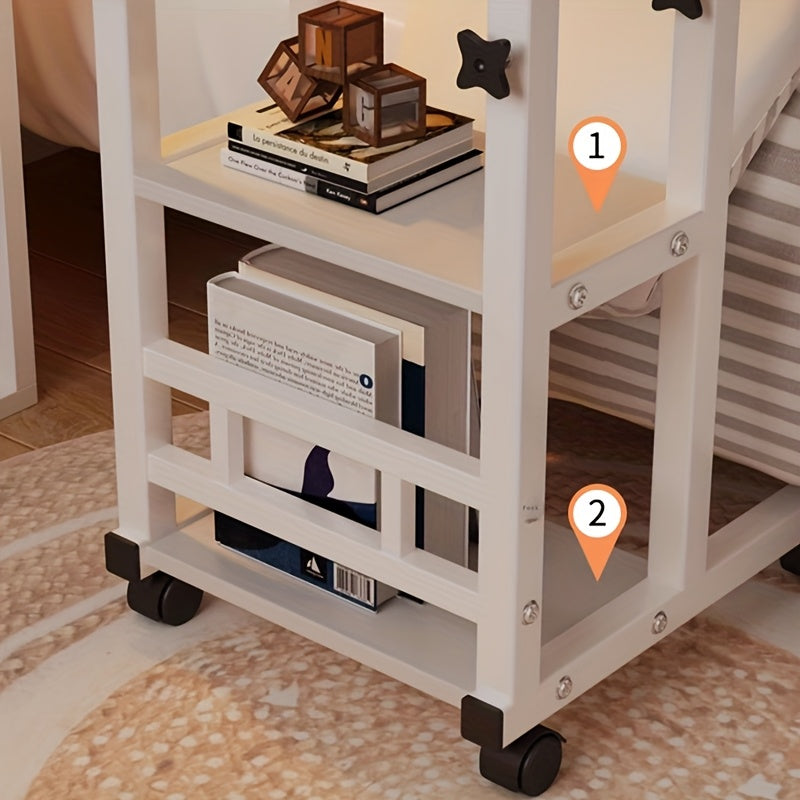 [Mobile Laptop Table] Height-Adjustable Mobile Laptop Table - 4-Wheel Rolling Study/Workstation Desk with Dual Shelves for Bedside/Dorm/Office Use, Sturdy Modern Finish (Space-Saving Design)
