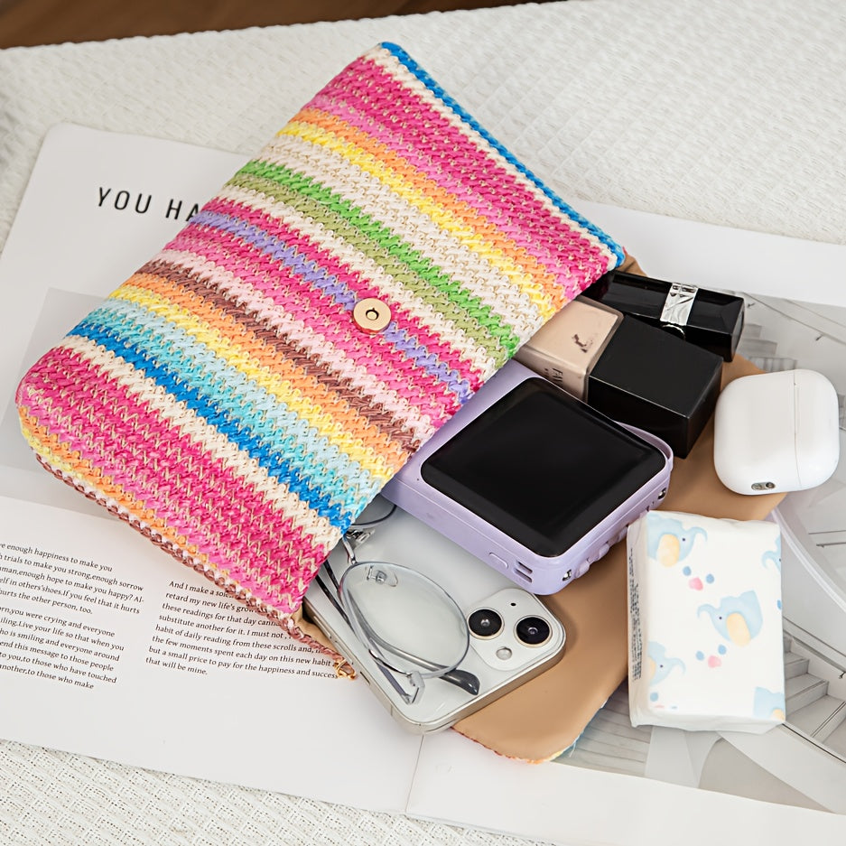 Women's Woven Geometric Pattern Shoulder Bag with Tassel Accents - Detachable Golden Chain Strap & Magnetic Closure, Multicolor Synthetic Material for Urban Chic Style, Novelty Purse, Versatile Fashion Accessory, Polyester Ha