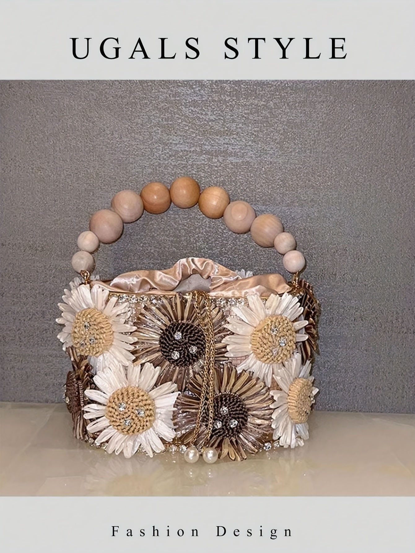 Luxury Evening Bucket Bag for Women | Floral Beaded Design with Rhinestone and Pearl Detailing | Fashion Drawstring Closure Crossbody with Metal and Messenger Accessory | Occasion-Themed with Inner Lining | Non-Washable | Cra