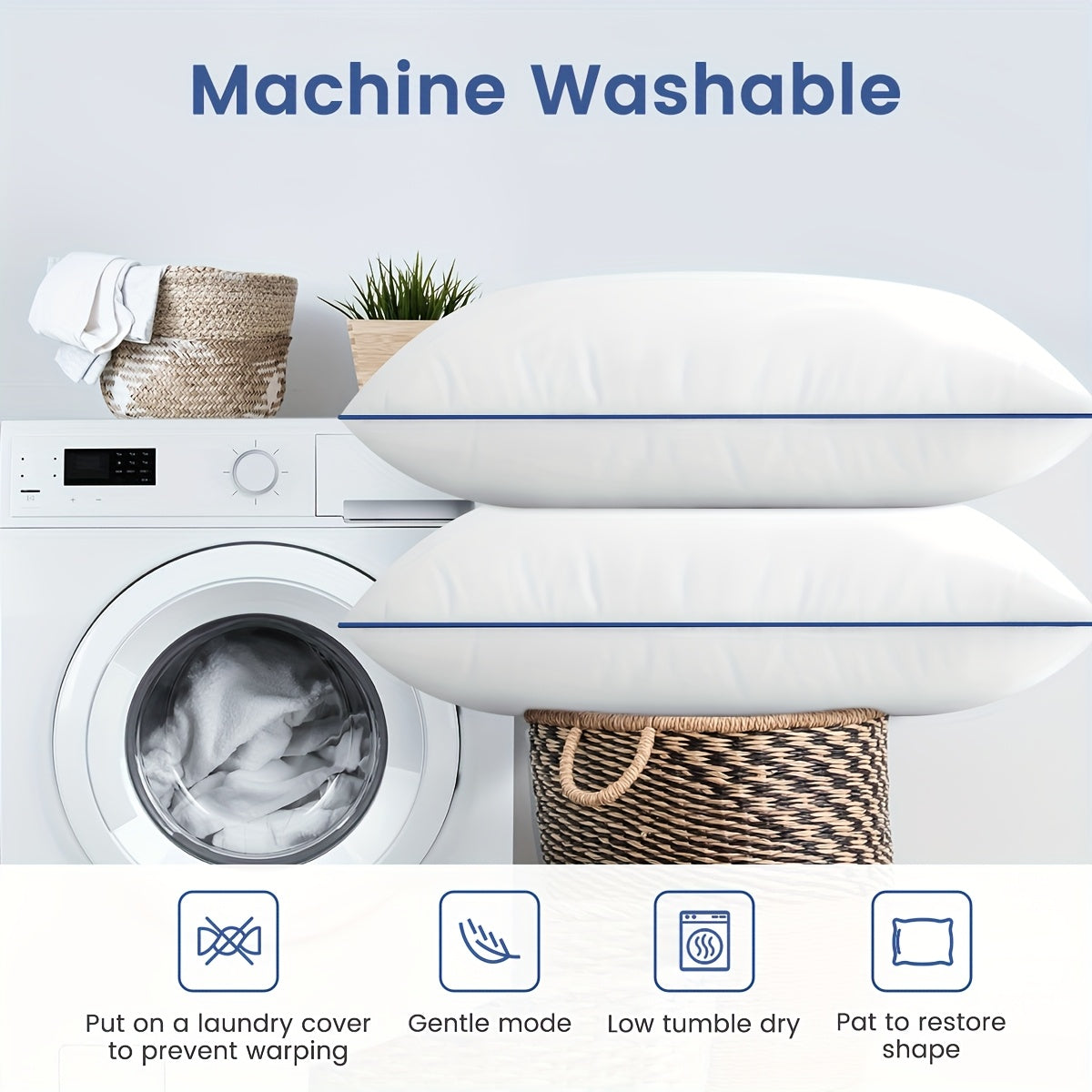 2pcs Premium Cooling Bed Pillows with Adjustable Zipper - Soft Down Alternative Fill for Back, Stomach & Side Sleepers - Hotel Collection - White with Navy Blue Trim, Machine Washable, All-Season Comfort, Side Sleeper Pillow