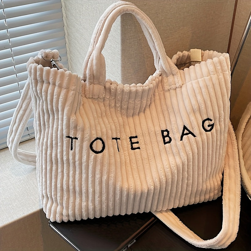 Women's Fashion Solid Color Corduroy Large Capacity Tote Bag, Letter Pattern with Contrast Design Adjustable Shoulder Strap Crossbody Purse Versatile Simple Casual Sling Classic Square Work Handbag for Office Shopping Dining