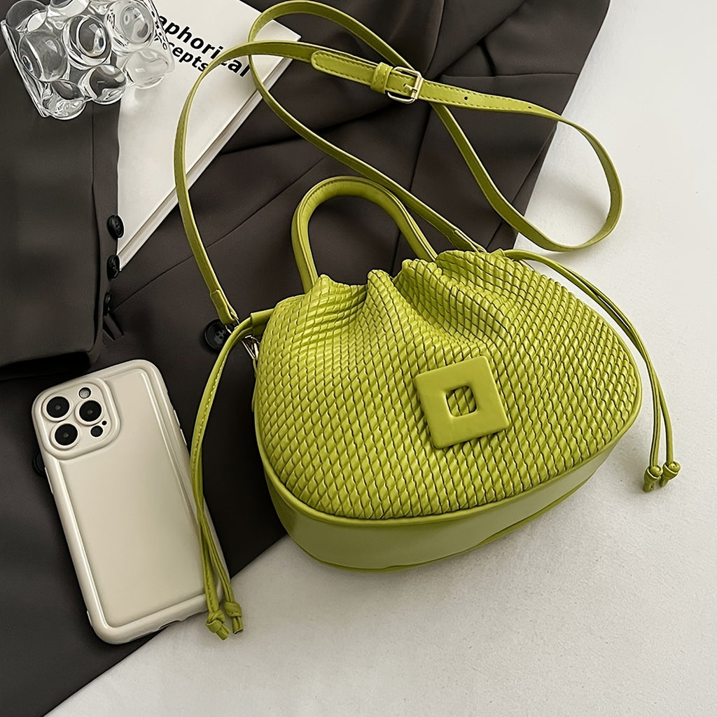 Elegant Lime Green Women's Handbag - Chic Woven Texture, PU Material with Drawstring Closure, Stylish Small Tote for Everyday Use, Cute Purse