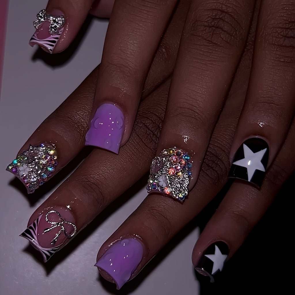 24pcs Y2K Press-On Nails Set, Medium Length Duck Mouth Shape with Mixed Purple Palette, Zebra Stripe & Star Patterns, Rhinestone Accents, Glossy Finish, Includes Nail File & Jelly Glue