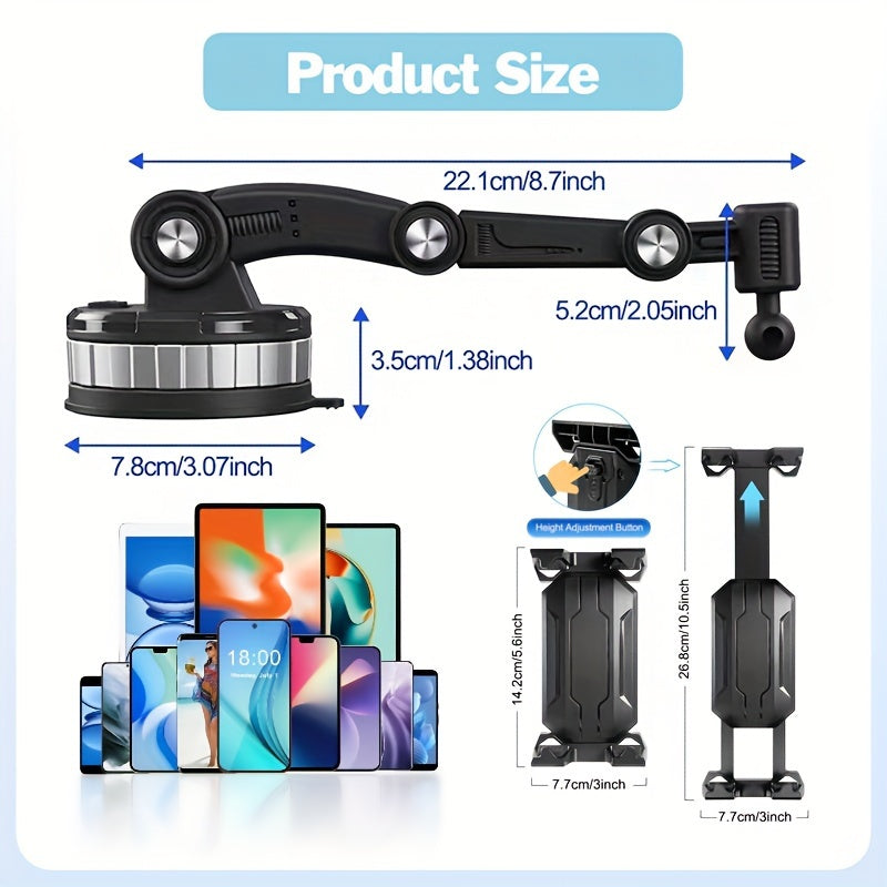 Adjustable Long Arm Truck Mount with Big Clamps, Universal Cell Phone/Tablet Holder, 360° Rotation, Durable ABS Material, Strong Dashboard Suction Cup Support for All Road Conditions