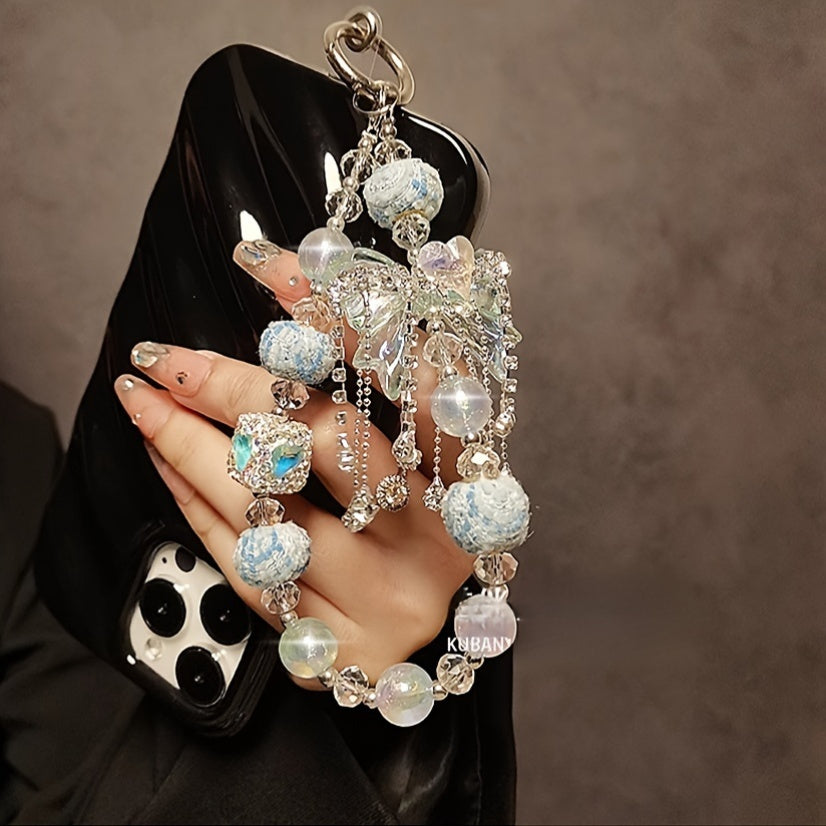 [Rhinestone Butterfly Wristlet Accessory] 1pc Luxury Rhinestone Butterfly Beaded Wristlet Phone Charm Strap, Versatile Accessory for Mobile Case, Car Keychain, and Bag Pendant
