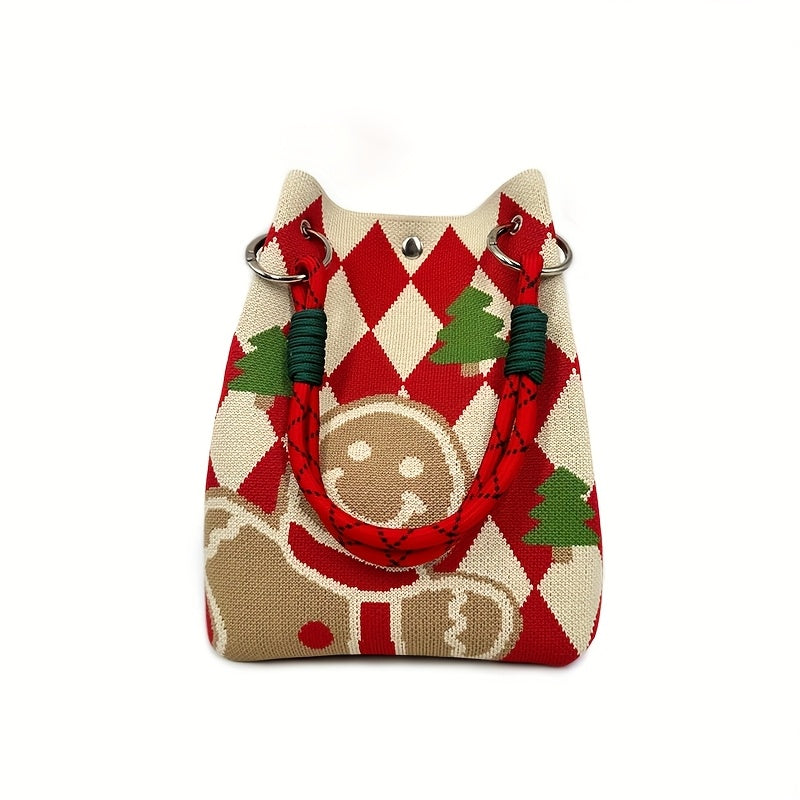 Gingerbread for Man Knitted Handbag/Festive Red & Checkered Design with Magnetic Closure, Removable Strap, and Golden Accents/Perfect Christmas Gift for Women, Holiday Accessory, Playful Design, Magnetic Closure Bag