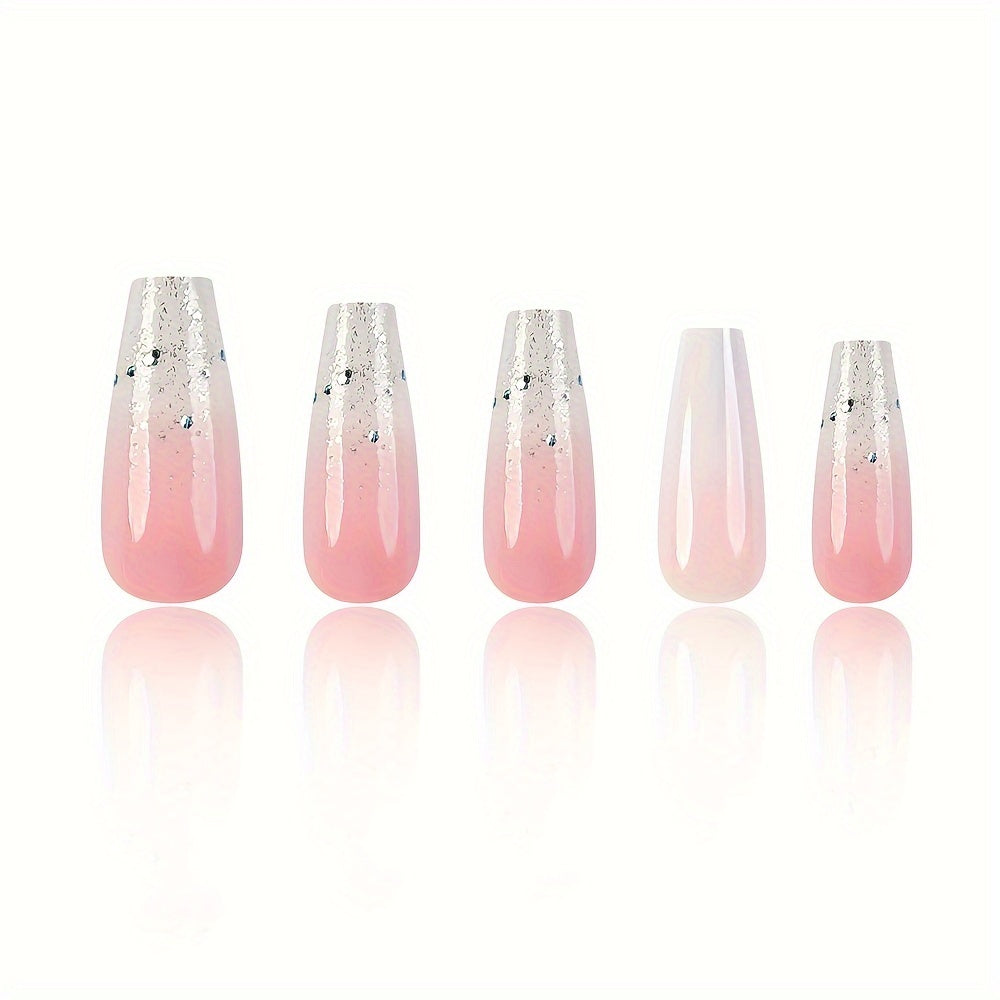 [Pink Coffin Nail] 24pcs Long Coffin Nail | Pink Fashion Gradient Shimmer Glitter