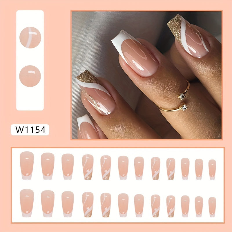 24pcs Glossy Medium Ballerina Fake Nails, White French Tip Press On Nails With Golden Glitter Stripe Design, Minimalist Style Full Cover False Nails For Women Girls