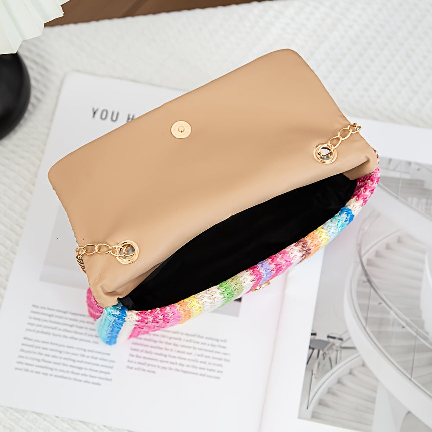 Women's Woven Geometric Pattern Shoulder Bag with Tassel Accents - Detachable Golden Chain Strap & Magnetic Closure, Multicolor Synthetic Material for Urban Chic Style, Novelty Purse, Versatile Fashion Accessory, Polyester Ha