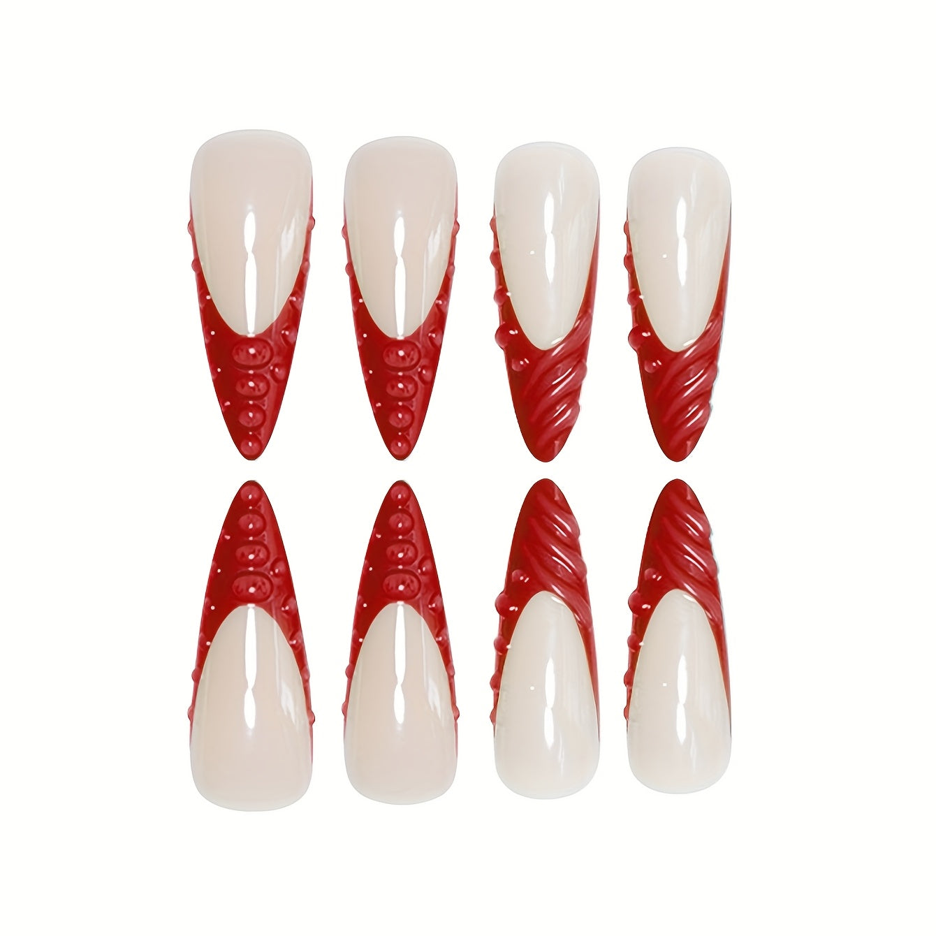 A Set of 24 Long Almond-Shaped False Nails French Style Bright Fiery Red Glossy Shiny Fashionable Spiral Moist Round Beads Suitable for All Women And. The Box Comes with a Nail Polish And Jelly Glue, Which Is Easy to Stick An