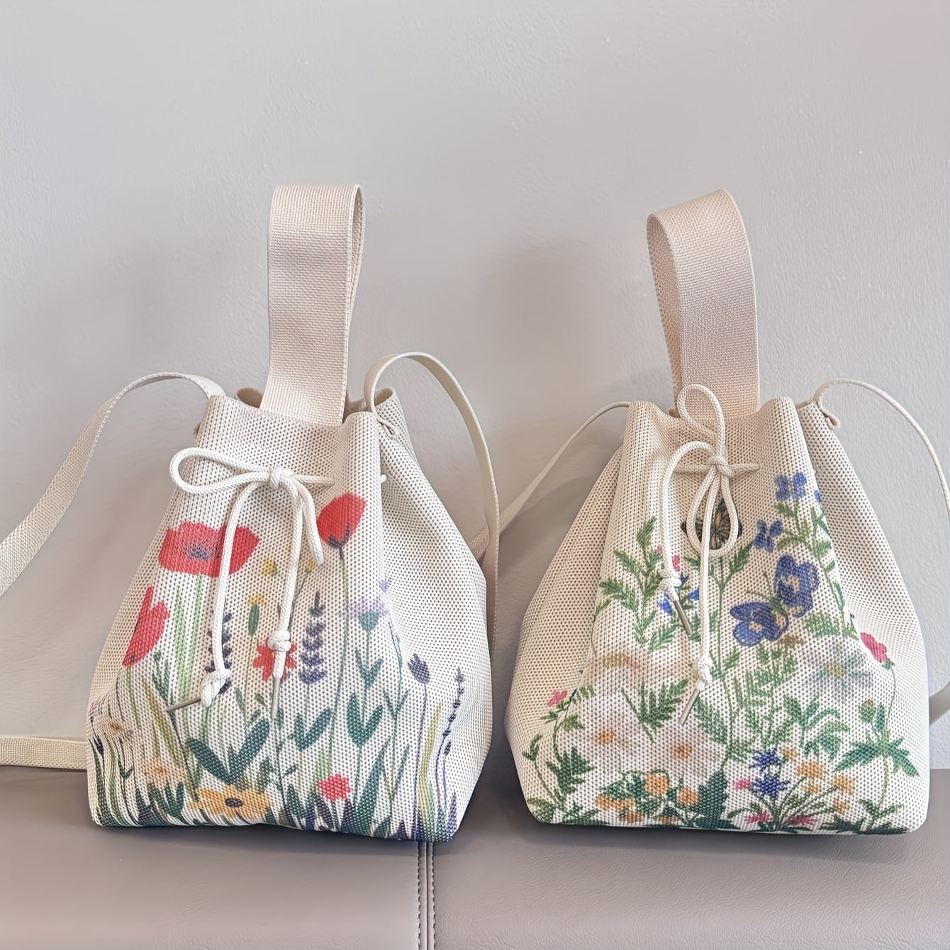 Floral Print Knit Drawstring Bucket Bag – Elegant Polyester Crossbody & Shoulder Bag for Women, Beige with Vibrant Floral Designs, Perfect for Daily Use or Shopping, Versatile Carryall | Lightweight Construction