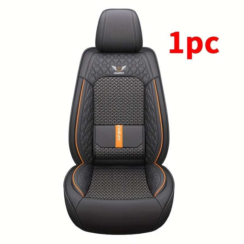 Premium 1pc Car Front Seat Cover PU Leather + Ice Slippy Fiber Fabric Full Coverage Summer Car Seat Protector