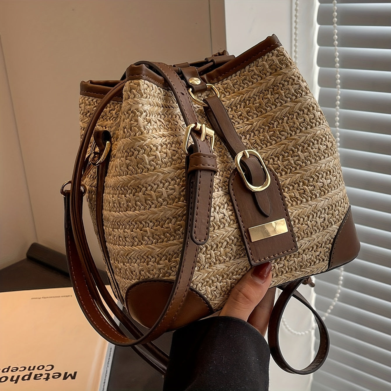 LABOONOO Women's Geometric Straw Bucket Bag - Hemp Crossbody Shoulder Purse with Adjustable Drawstring Closure, Beige & Brown Boho-Chic Design for Casual & Formal Occasions, Crossbody Purse