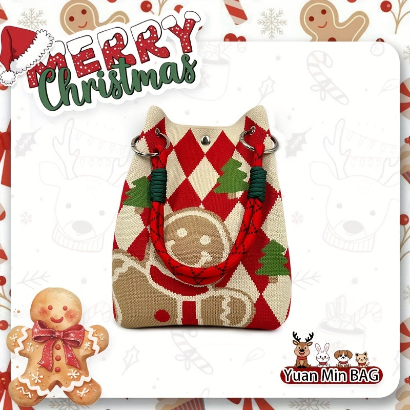 Gingerbread for Man Knitted Handbag/Festive Red & Checkered Design with Magnetic Closure, Removable Strap, and Golden Accents/Perfect Christmas Gift for Women, Holiday Accessory, Playful Design, Magnetic Closure Bag