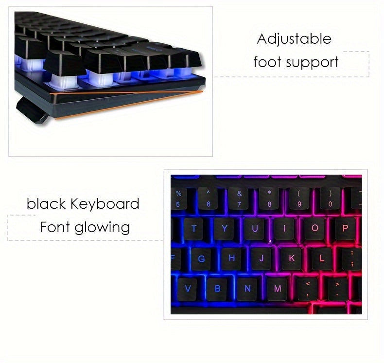[Rainbow Backlit Gaming Set] Rainbow Backlit Wired Gaming Keyboard and Mouse Set | 19-Key Rollover, Adjustable Brightness, 2 Lighting Modes, Ergonomic Design, Hotkeys, Media Keys, USB Powered, No Battery, for Home Entertainme