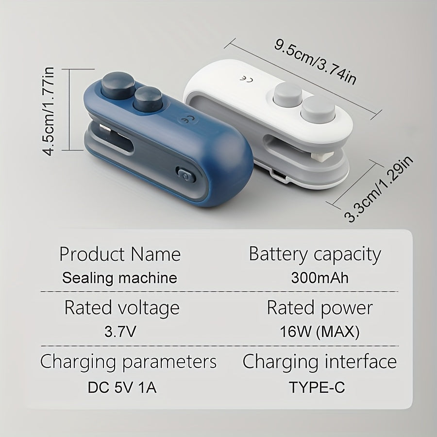 2pcs Snack Bag Sealer Set | 1 Sealer + 1 USB Charging Cable, Built-in Lithium Battery, Low Power Consumption, Hand-Press Magnetic Design, Portable for Home / Picnic / Outing / Travel, Chip & Cookie Bag Sealing Tool, Quiet & E