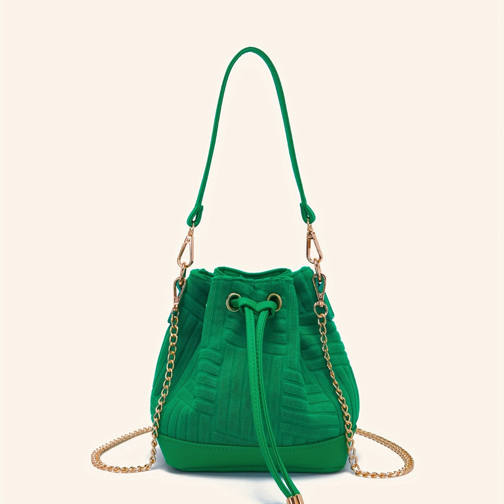 Mini Drawstring Metal Chain Crossbody Bucket Bag, Dacron Textured Bag Purse, Classic Versatile Fashion Shoulder Bag