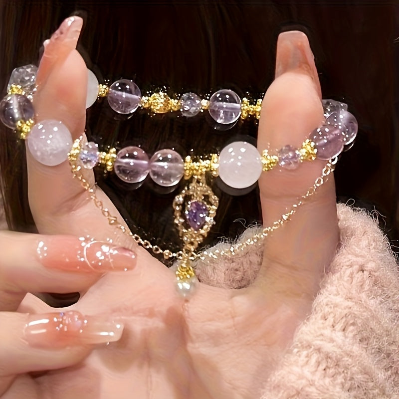 1pc Elegant Amethyst Bracelet with Golden Accents - Bohemian Style, Perfect Gift for Girlfriend or Best Friend, Ideal for Daily Wear and Vacation, Holiday Accessory | Elegant Bracelet | Synthetic Crystal Bracelet
