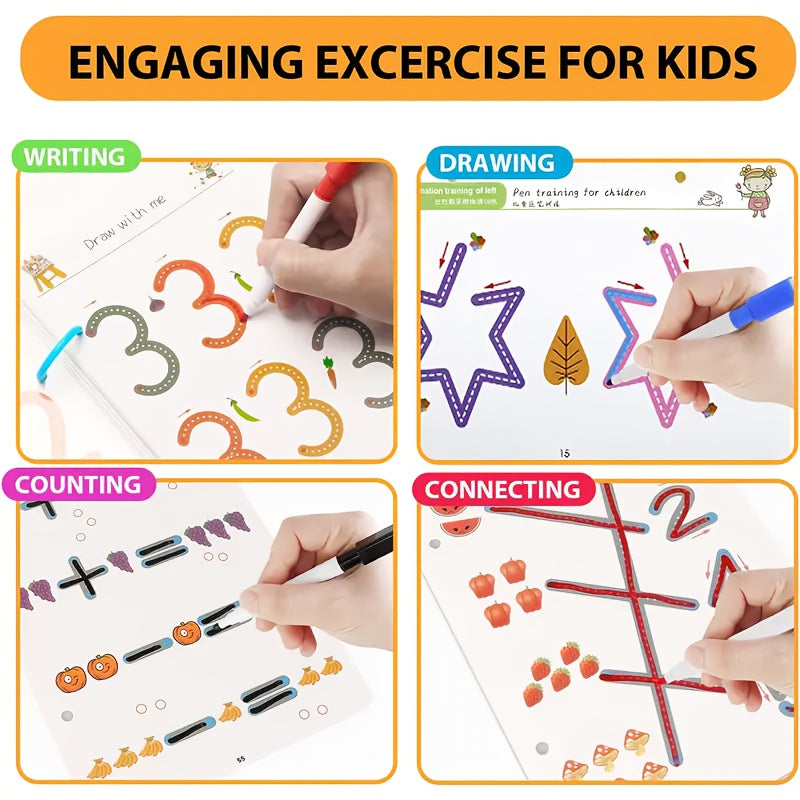 64 pages, 8 pens, writing and drawing set, magic copybook set, suitable for Youngsters aged 3-8 - enhance writing skills, with erasable pen and refill, educational painting and pen control workbook, early learning Essential R