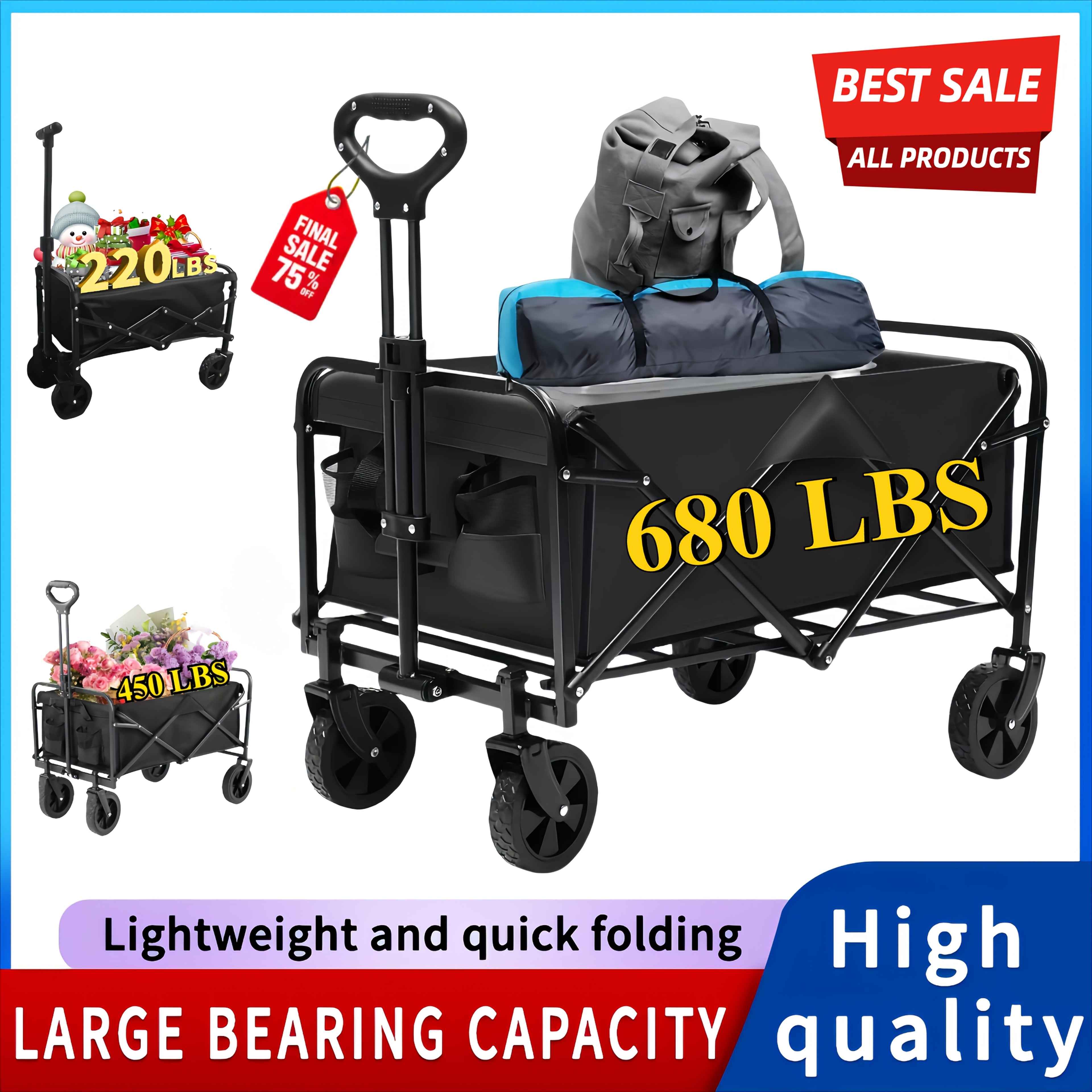 220LBS/ 450LBS/ 680LBS All Terrain Heavy Duty Folding Cart, Large Capacity Camper Suitable for Yard Shopping/ Sports/ Outdoor/ Gardening Equipment Handling, Black Multifunctional Utility Cart, Gardening Transport, Shopping Ca