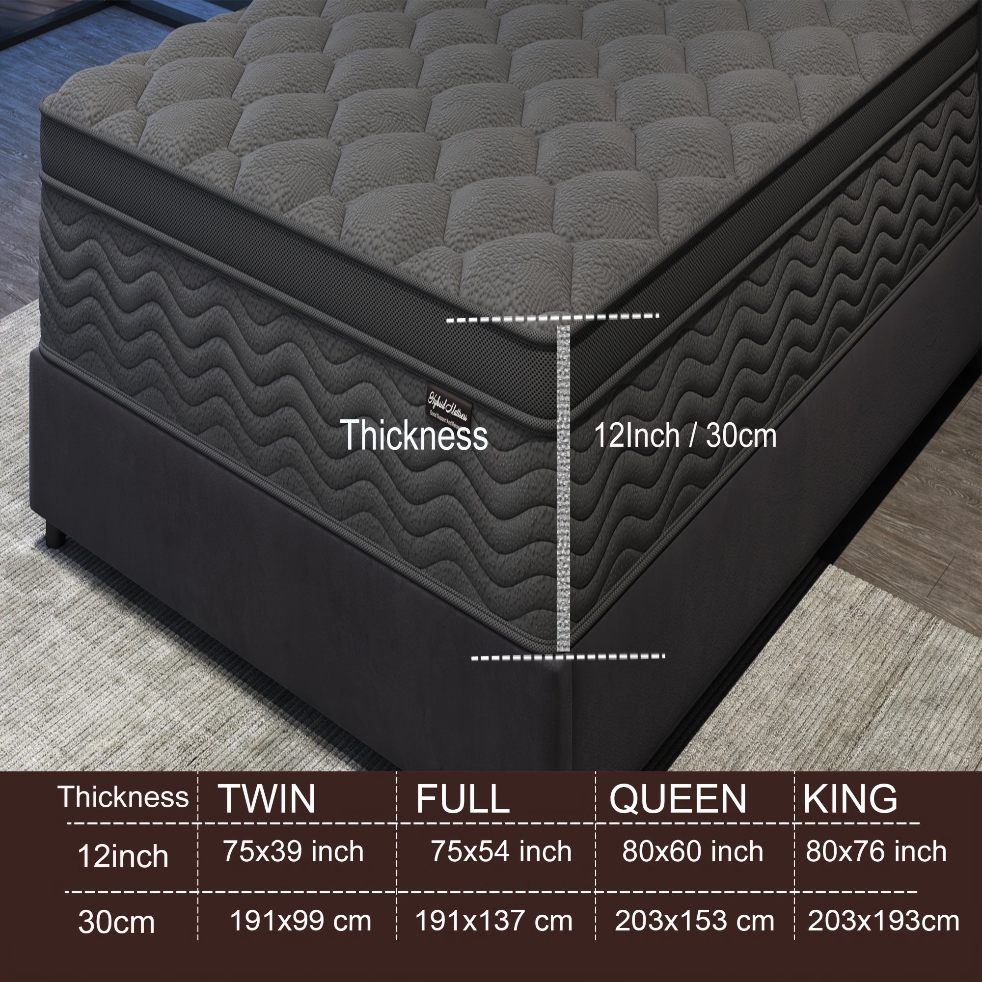 10/12 Inch Mattress Full Queen Size Memory Foam - Ergonomic Design, Medium Firm Hybrid Mattress, Luxurious Comfort With Pocket Springs, Grey Quilted Cover, Colchones Para Cama