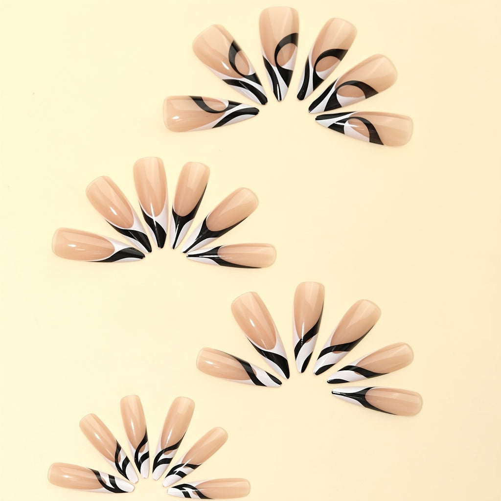 24pcs Long Stiletto Nail Tips, Black and White Minimalist French Style for Prom, Includes 1 Nail File + 1 Jelly Glue, Special Occasion Nails, Nail Art, Elegant Nails, Geometric Nail Design, Highquality Nails, Durable Tips, Pr