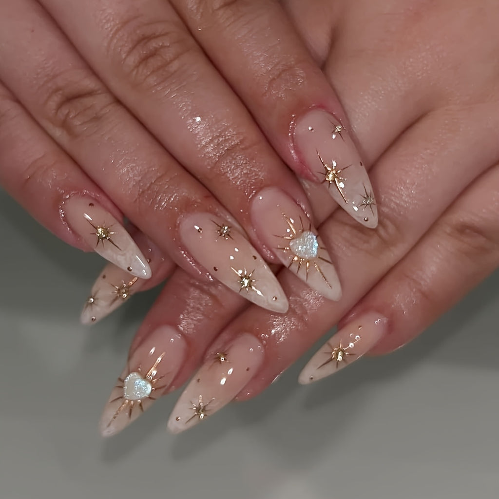 24pcs Almond-Shaped Press-On Nails with Sun, Starry Sky, and Heart Patterns - Glossy Full Coverage Nail Art for Women's Daily Wear, Parties, and Festive Occasions