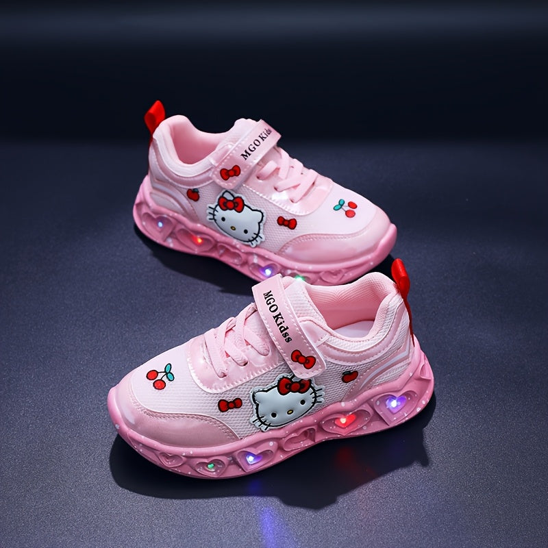 Girls' Glow-In-The-Dark Sneakers with Lights - Pink & White Kitty Design, Soft EVA Cushioned Insole & Durable PVC Sole, Breathable Mesh & Fabric