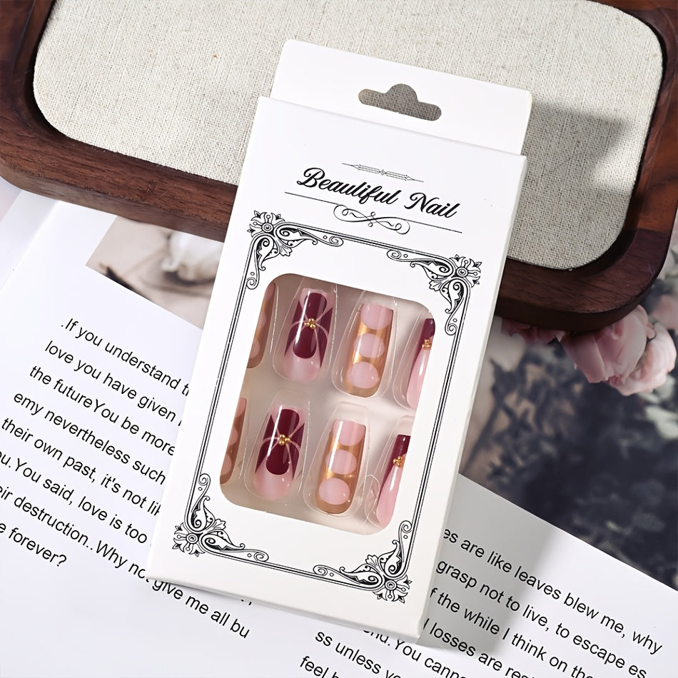 24pcs French Style Press On Nails Set - Glossy Pink, Red & Golden Ballet Shape Medium Length Fake Nails with Jelly Glue & Nail File, Easy Application Salon-Quality DIY Manicure Kit for, Parties, Weddings, Daily Wear (24 Nails