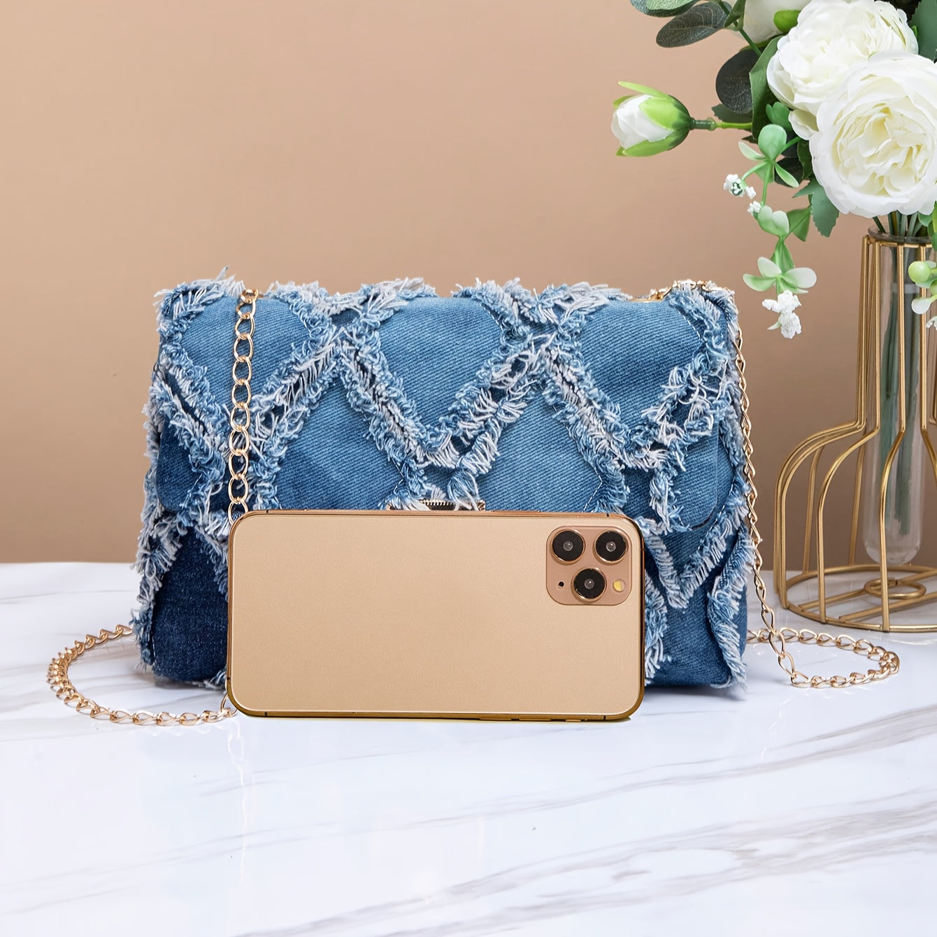 Blue Vintage-Inspired Denim Chains Crossbody Bag with Golden-Tone Hardware, Detachable Chain Strap & Tassel Accents - Elegant Canvas Purse for Everyday Casual or Street Style, Fashionable Accessory | Elegant Accessory | Decor