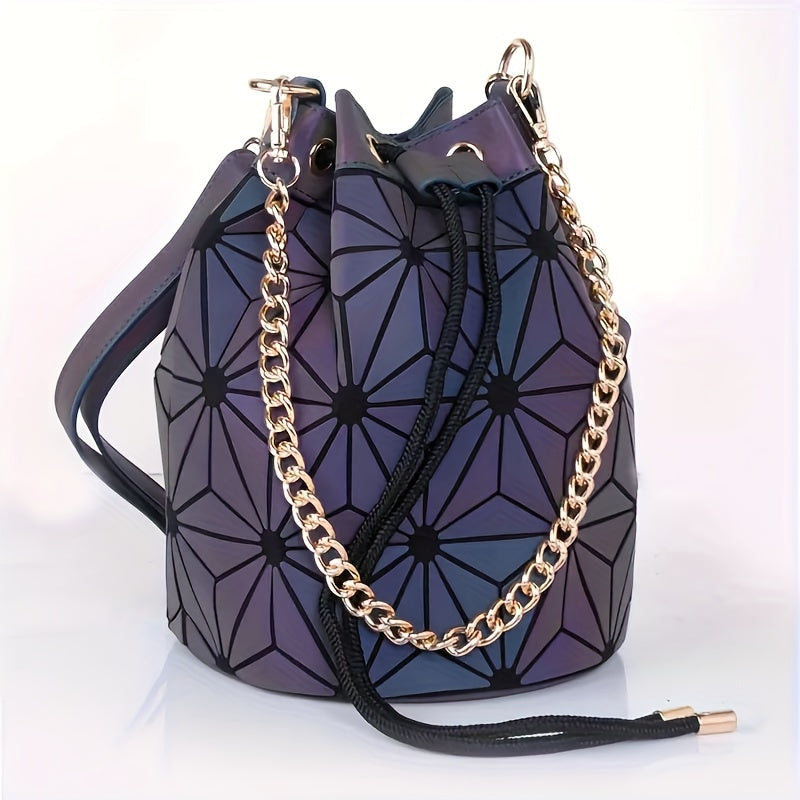 Mini Luminous Drawstring Bucket Bag, Trendy Crossbody Bag, Women's Geometric Handbag & Shoulder Bag
