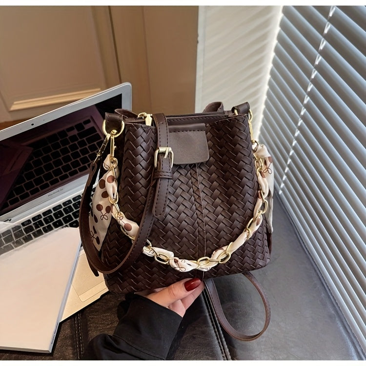 Women's Woven Tote & Bucket Bag - Convertible Crossbody/Handbag with Golden-Tone Hardware, Beige/Black Detachable Strap, Retro Woven-Pattern Shoulder Purse for, Casual & Formal Events (Adjustable, Snap Closure)