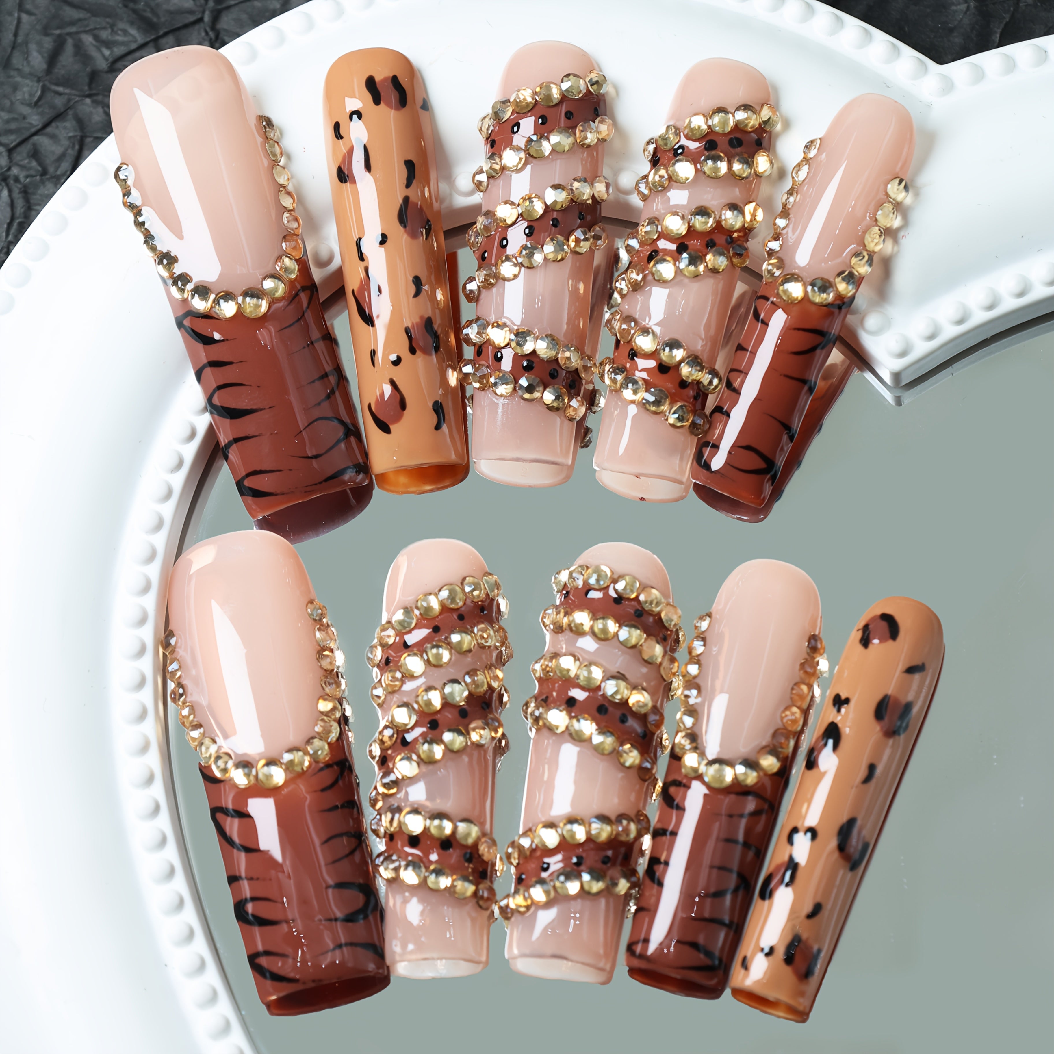 10pcs Handmade Press-On French Nails - Leopard Print & Striped Design with Sparkling Rhinestones, Ultra-Long Square Glossy Fake Nails for Cosplay, Weddings, Christmas - Perfect Gift for Mom, Nail Decorations, Party Accessorie