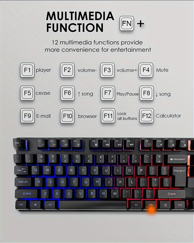 [Rainbow Backlit Gaming Set] Rainbow Backlit Wired Gaming Keyboard and Mouse Set | 19-Key Rollover, Adjustable Brightness, 2 Lighting Modes, Ergonomic Design, Hotkeys, Media Keys, USB Powered, No Battery, for Home Entertainme