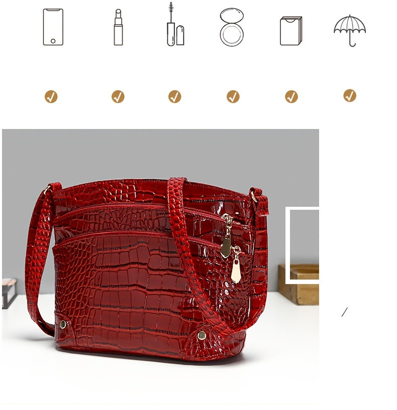 Shiny Crocodile Pattern Women'S Bag, PU Soft Shoulder Bag, Multi-Layer Crossbody Bag, Stylish And Versatile Large Capacity Bucket Bag.