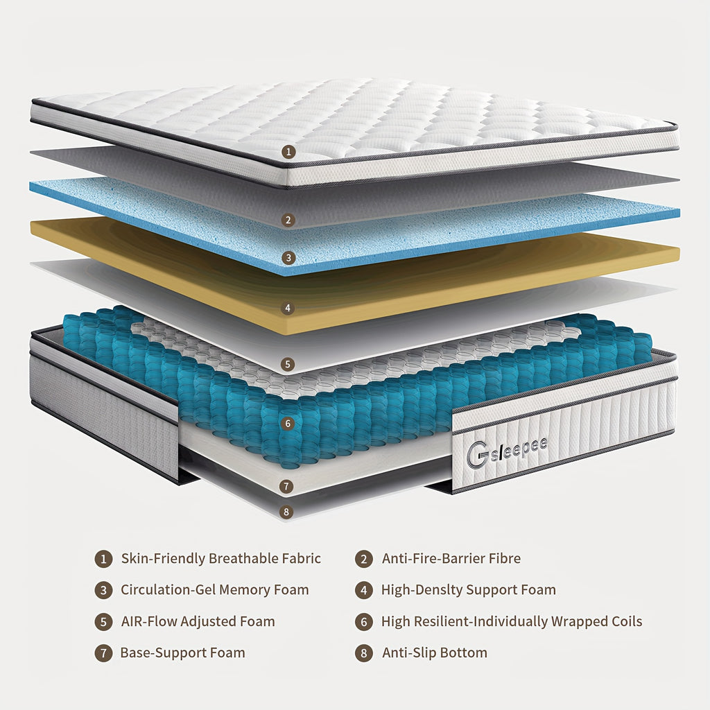 Gsleepee Hybrid Memory Foam Mattress - Twin/Full/Queen/King Size, Soft & Comfortable with Medium Firm Support, Motion Isolation, Allergy-Friendly, Quiet Sleep, Easy Transport in a Box, Available in 8/10/12/14 Inch Thicknesses