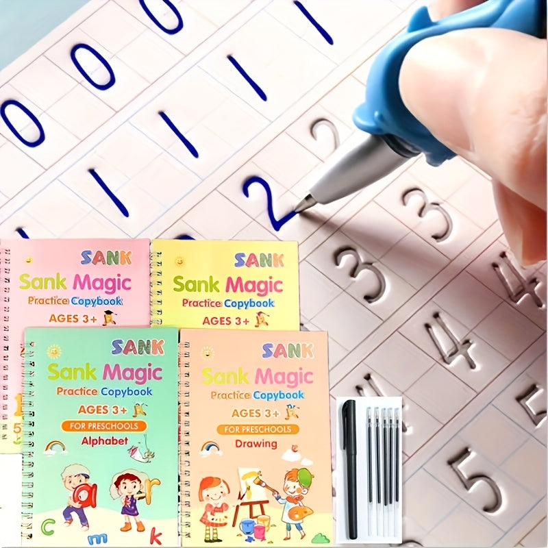 Book Set of 4 Books + 5 Refills + 1 Pen Holder: Groove Practice Magic Stickers, Calligraphy Practice Word Stickers, Writing Book, Enlightenment, Beginner Repetitive Writing, Handwriting Disappears