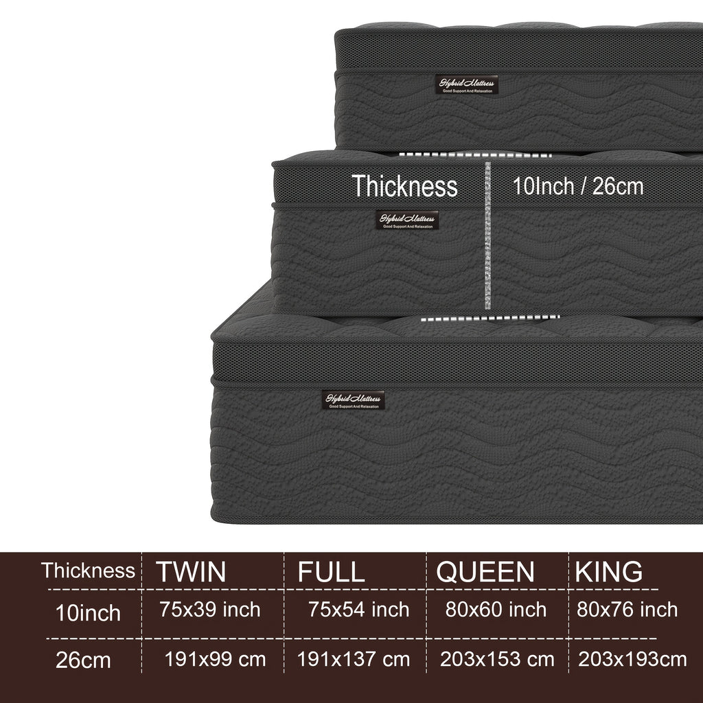 10/12 Inch Mattress Full Queen Size Memory Foam - Ergonomic Design, Medium Firm Hybrid Mattress, Luxurious Comfort With Pocket Springs, Grey Quilted Cover, Colchones Para Cama