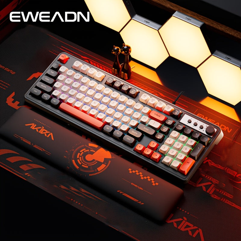 [Wired Gaming Keyboard] EWEADN Wired Gaming Keyboard with Rainbow Backlit, Portable Black Keyboard for Office-98 Keys, Computer External Keyboards Ergonomic Design, with Multimedia Knob, Ball Keycaps, for Gamers and Office, C