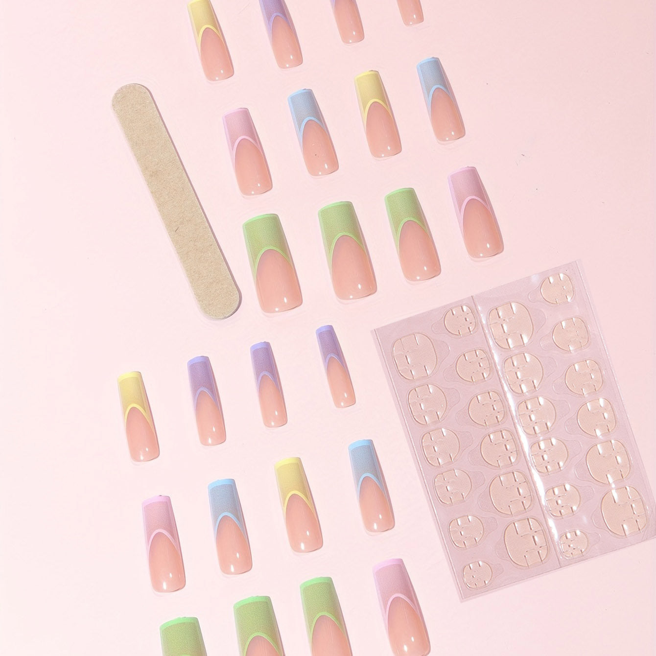 24 Long Coffin-Shaped Glossy Multicolored French ABS Full Cover Fake Nails with 1 Nail File And 1 Jelly Glue.