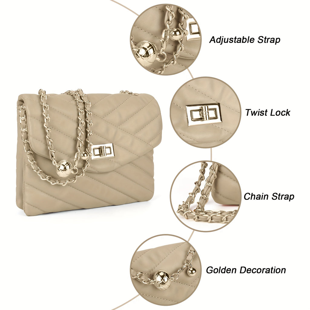 New Fashion Diamond Lattice Soft Chain Bag, Leisure And Simple With Pure Color PU Ladies Daily Travel Crossbody Bag