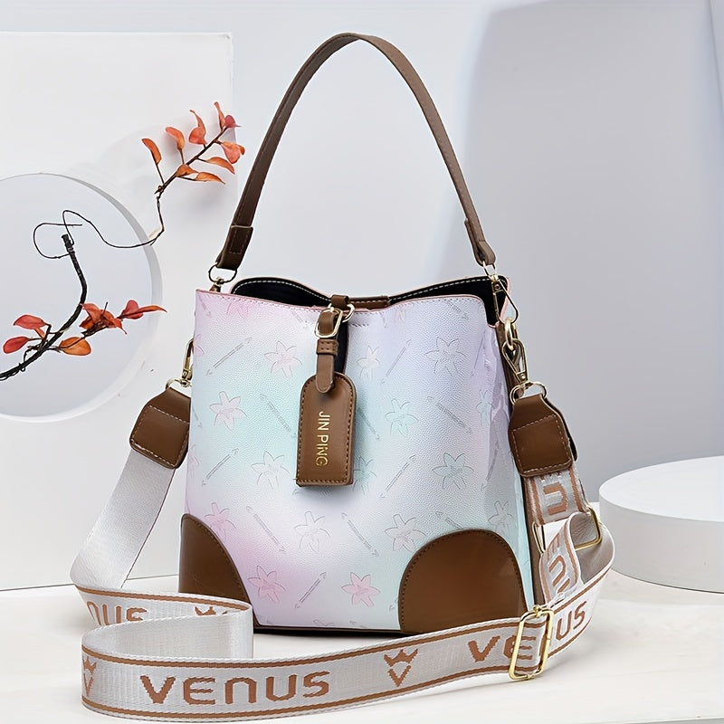 [Trendy Bucket Bag] Trendy Ombre Bucket Bag | Letter Print Handbag, Fashion Buckle Decor, Women's Every Day Purses