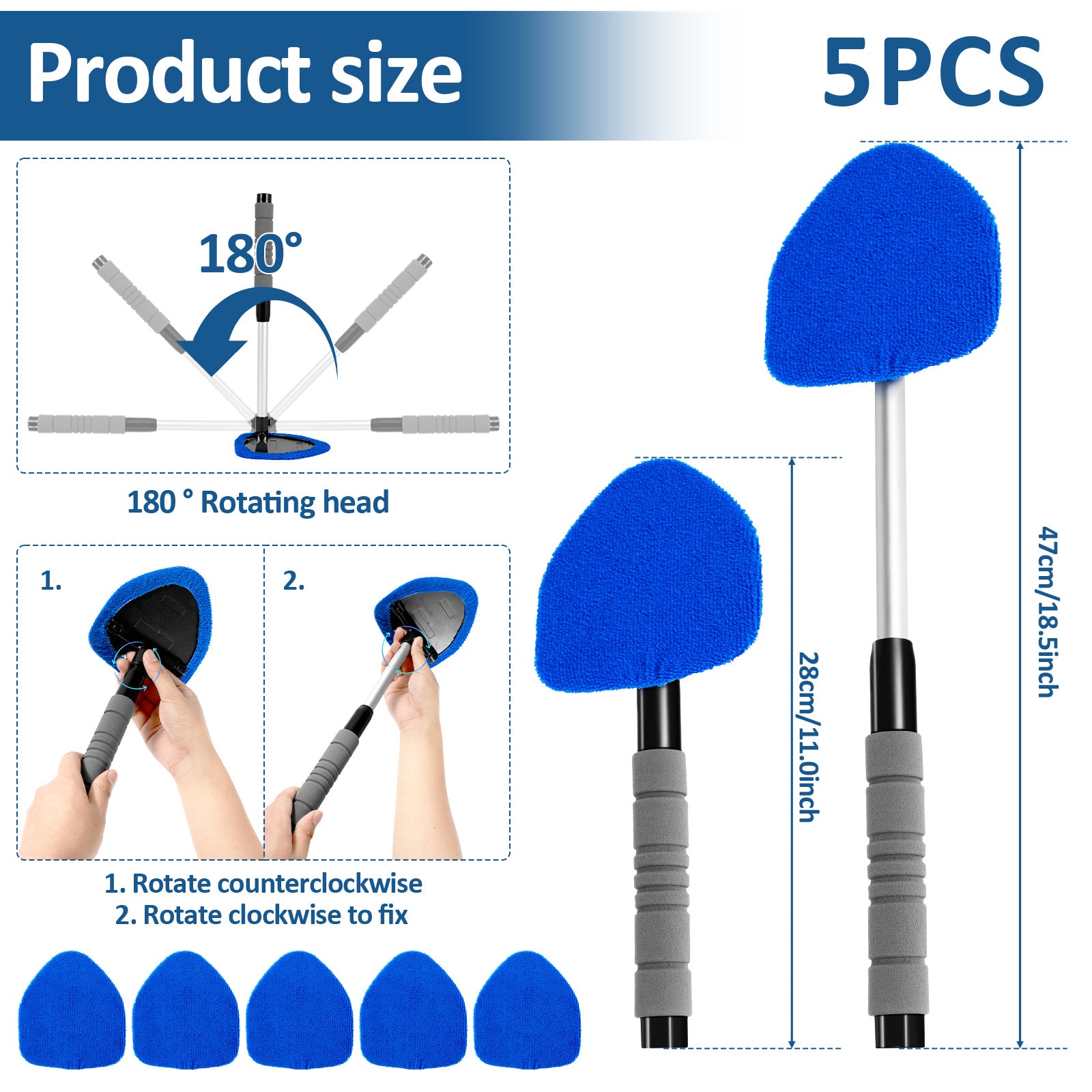 [Windshield Cleaner] 18.5 Inch Adjustable Handle Car Windshield Cleaner | Strong Absorbent Car Window Cleaner with 180°Rotating Cleaning Head, 11 to 18.5 Inch Extendable Car Window Cleaning Tool, 5 Polyester Pads, 18.5 Inch