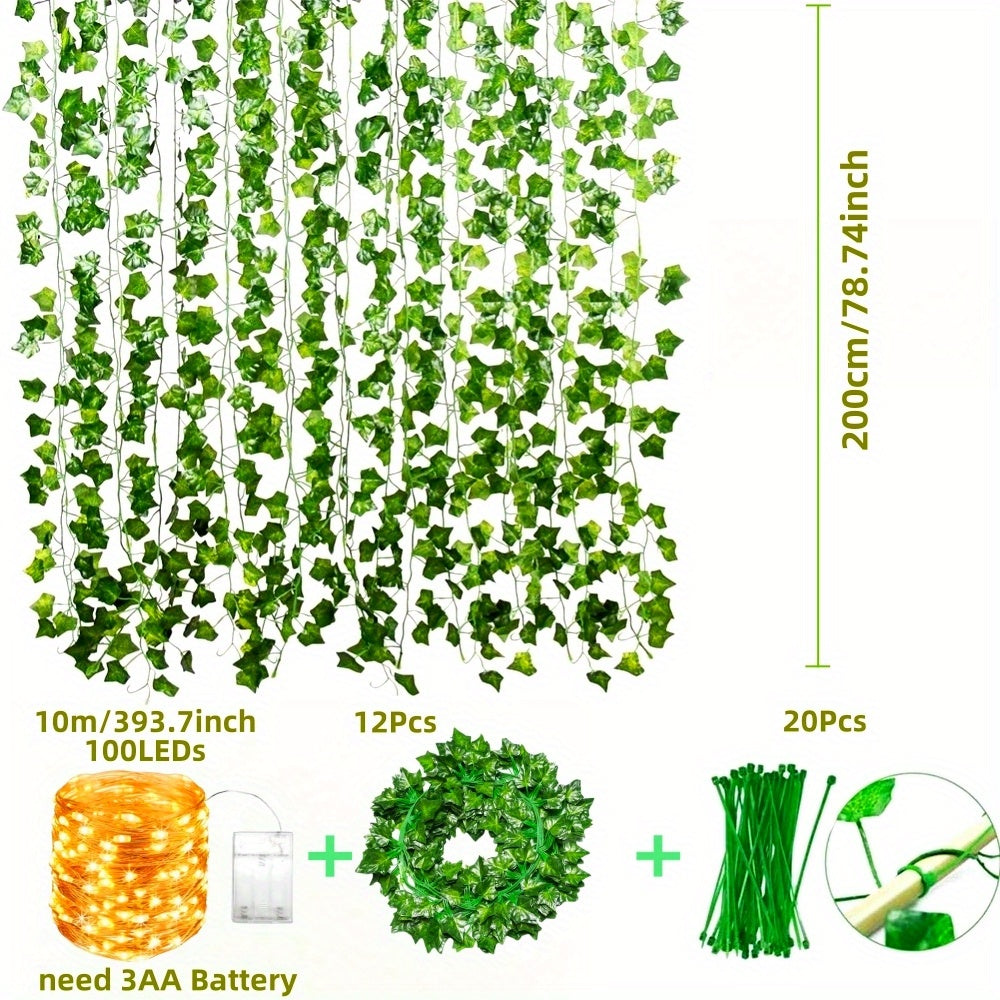 [Artificial Ivy Fairy Lights] 12pcs 100 LED Ivy Fairy Lights, 10m Artificial Ivy Garland | Artistic Vine with Fairy Lights, Suitable for Weddings, Parties, Gardens, Balconies, with 20 Vine Fixers