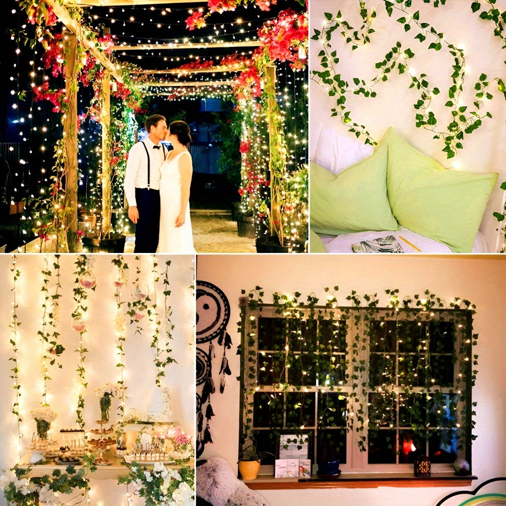 [Artificial Ivy Fairy Lights] 12pcs 100 LED Ivy Fairy Lights, 10m Artificial Ivy Garland | Artistic Vine with Fairy Lights, Suitable for Weddings, Parties, Gardens, Balconies, with 20 Vine Fixers