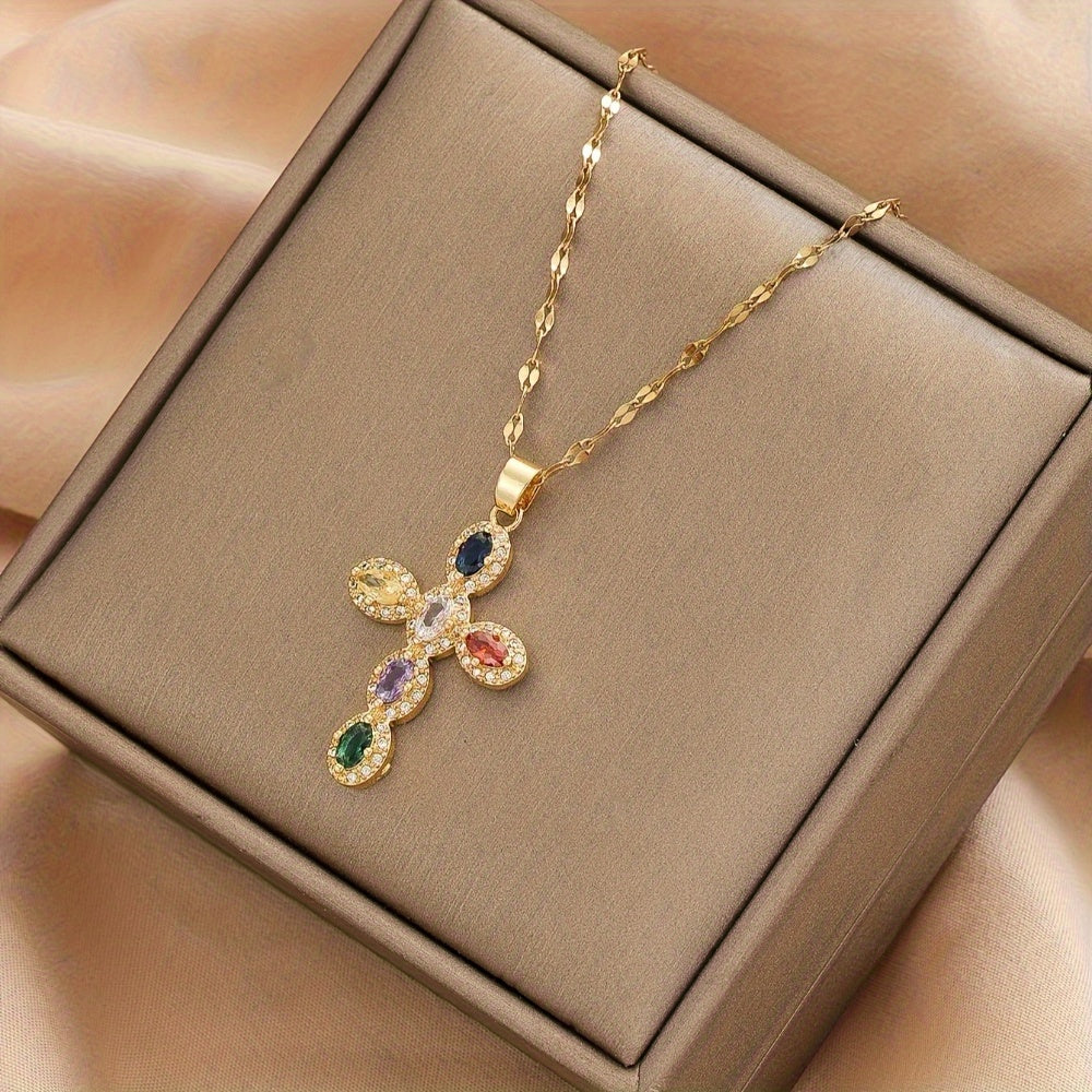 Elegant Multicolor Oval Cross Necklace