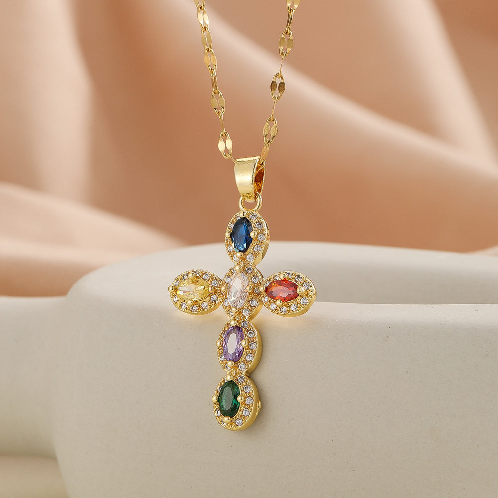 Elegant Multicolor Oval Cross Necklace